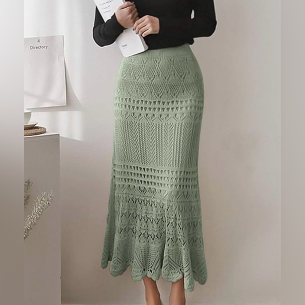 chouyatou Women Stretched High Waist Crochet Hollow Knit Flowy Sage Green Large